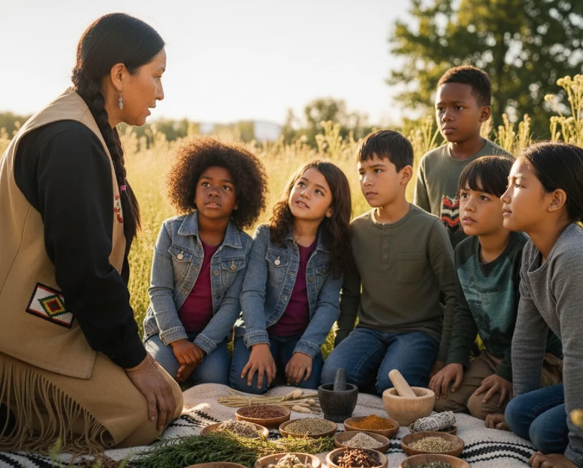 Illustration of adults and children sharing knowledge about plants
